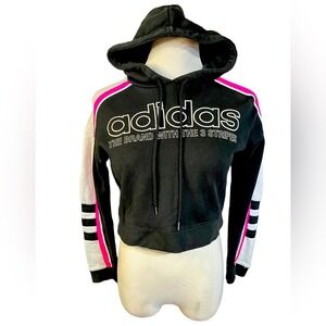 Adidas Black Cropped Hoodie Pink White Trim Size 2XS